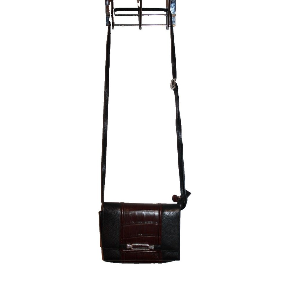 Brighton Embossed Croc Organizer Crossbody Purse Black Brown Bag 8x5.5" - Picture 2 of 5